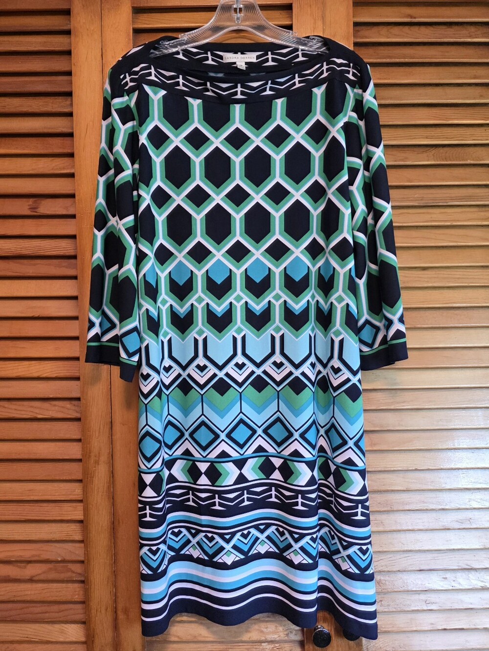 Sandra Darren Women's Size 16 Jersey Shift Dress Geometric Pattern 3/4 Sleeve